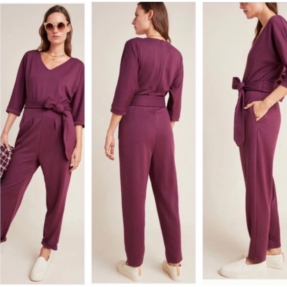 ANTHROPOLOGIE SUTTON PONTE JUMPSUIT IN WINE V Neck XSMALL